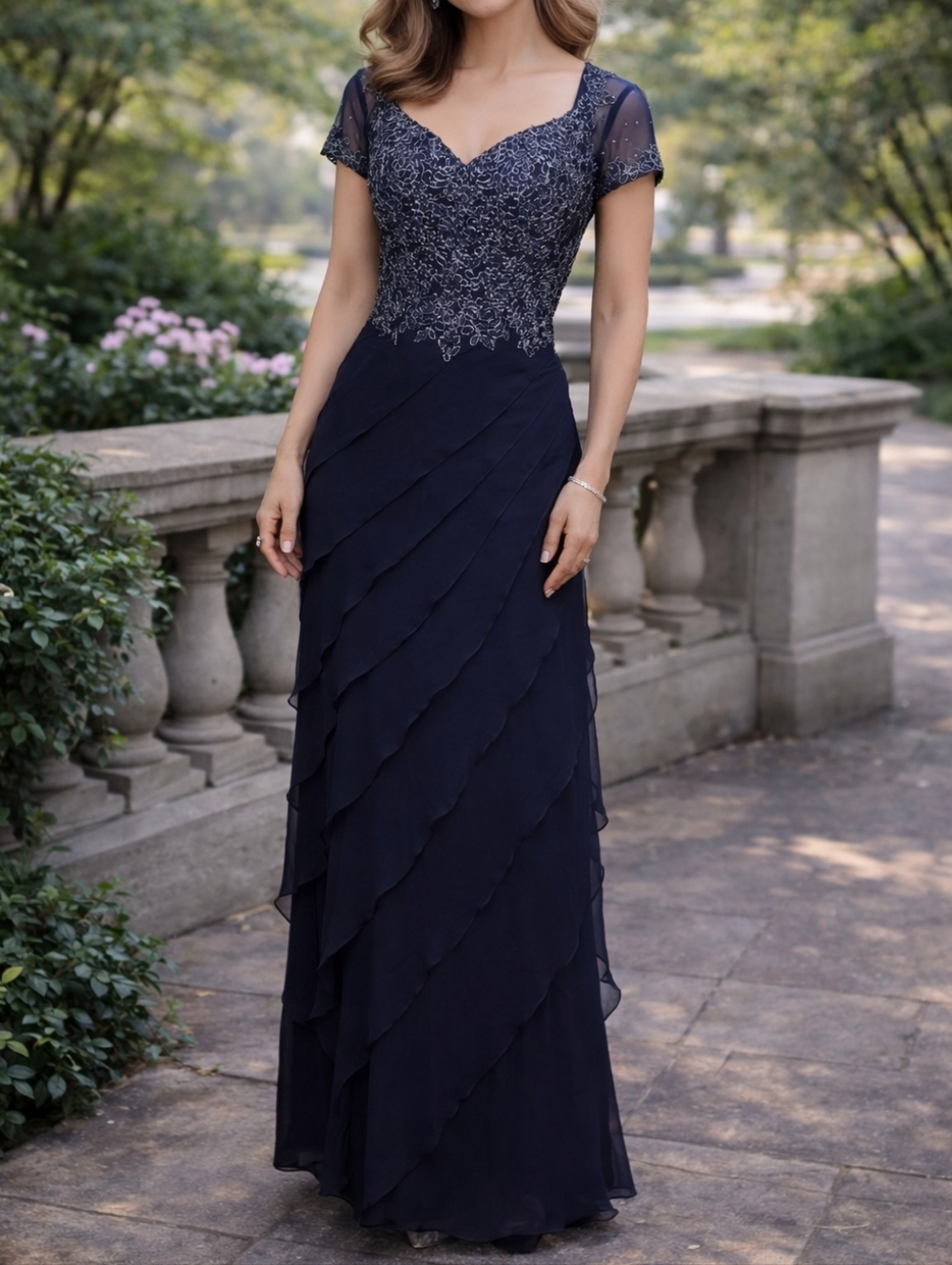 Xscape Gown In Navy Blue And Silver Tone Decoration 12
